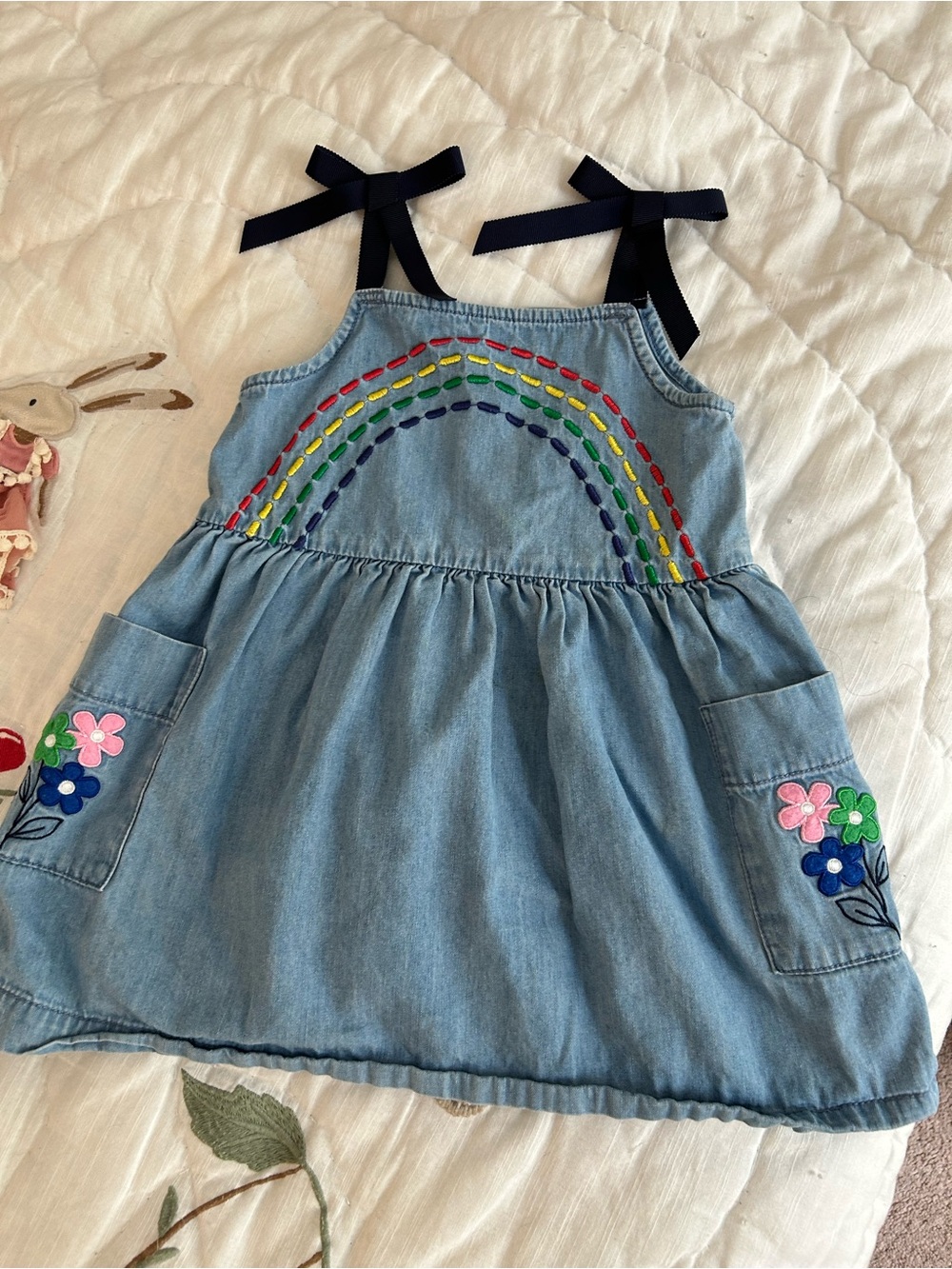 Hanna Andersson Light Denim Rainbow Embroidered Dress with Navy Bows
